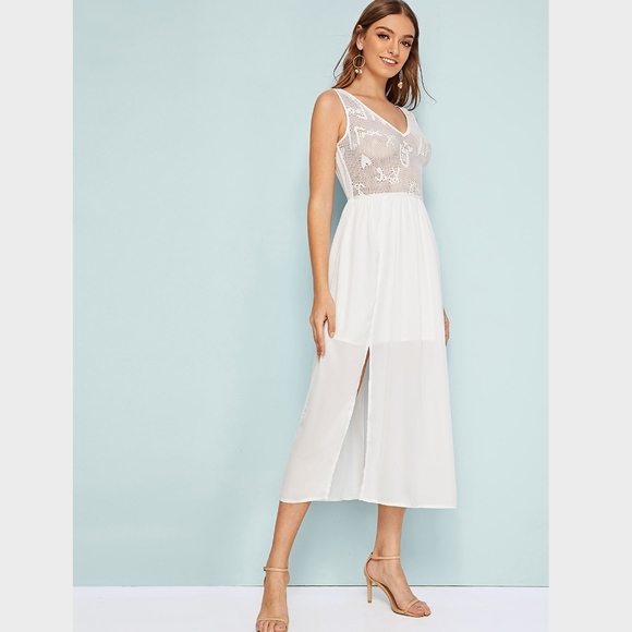 Lace Detail White Midi High Slit Dress - Picture 4 of 8